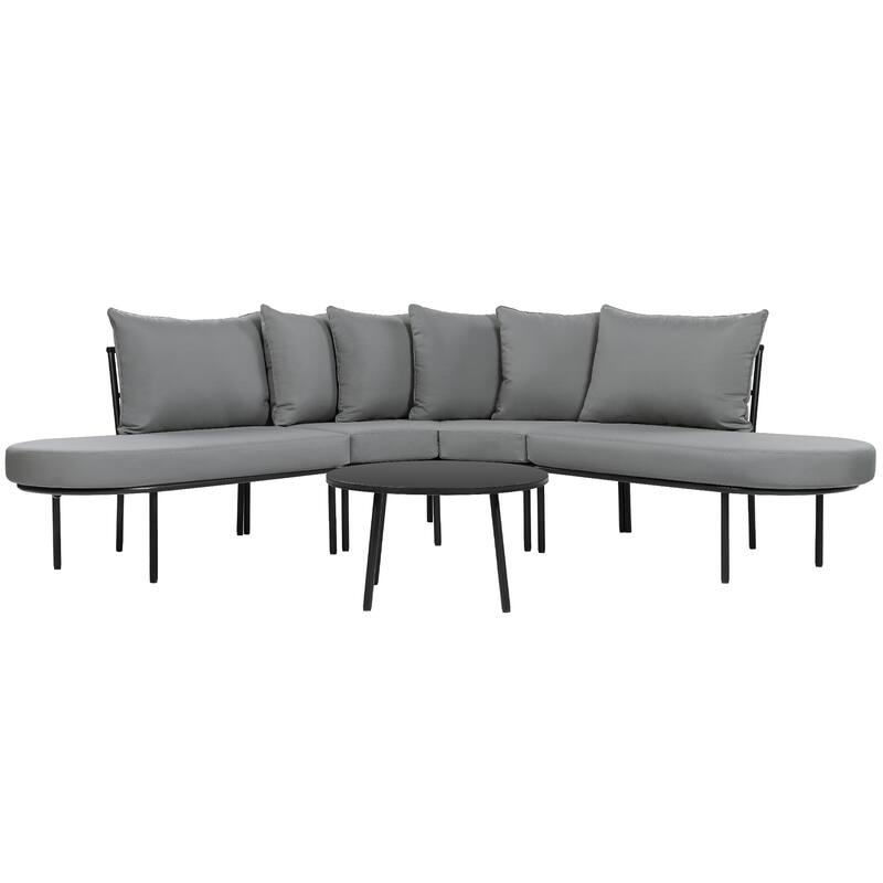 Outdoor Patio Iron Curved Sectional Sofa Set with Coffee Table and Cushions