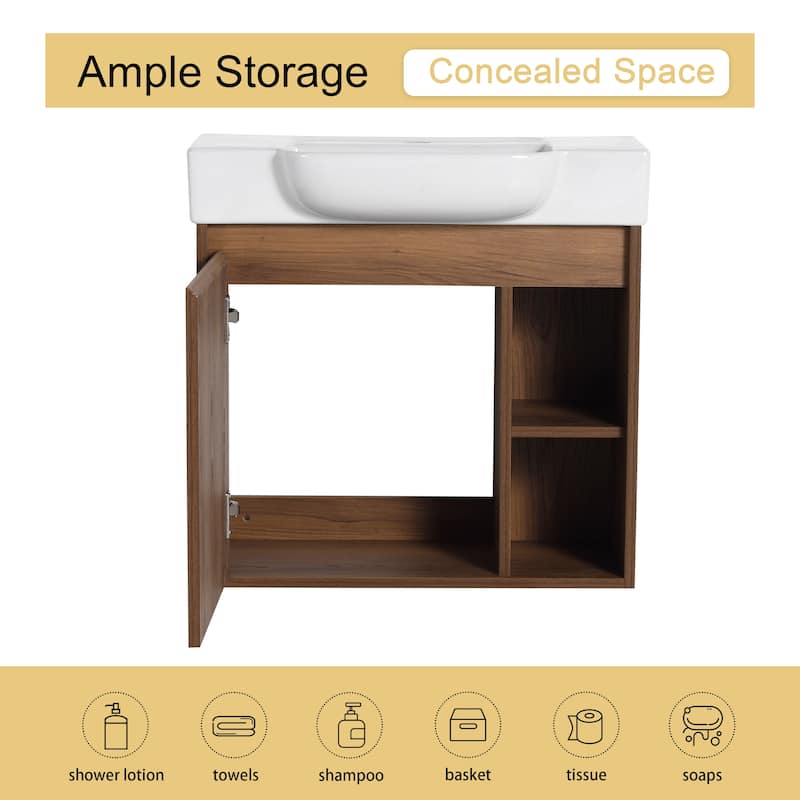 Malwee 24"/28" Floating Bathroom Vanity,Wall Mounted Bathroom Vanity with Ceramic Sink and Soft Close Door