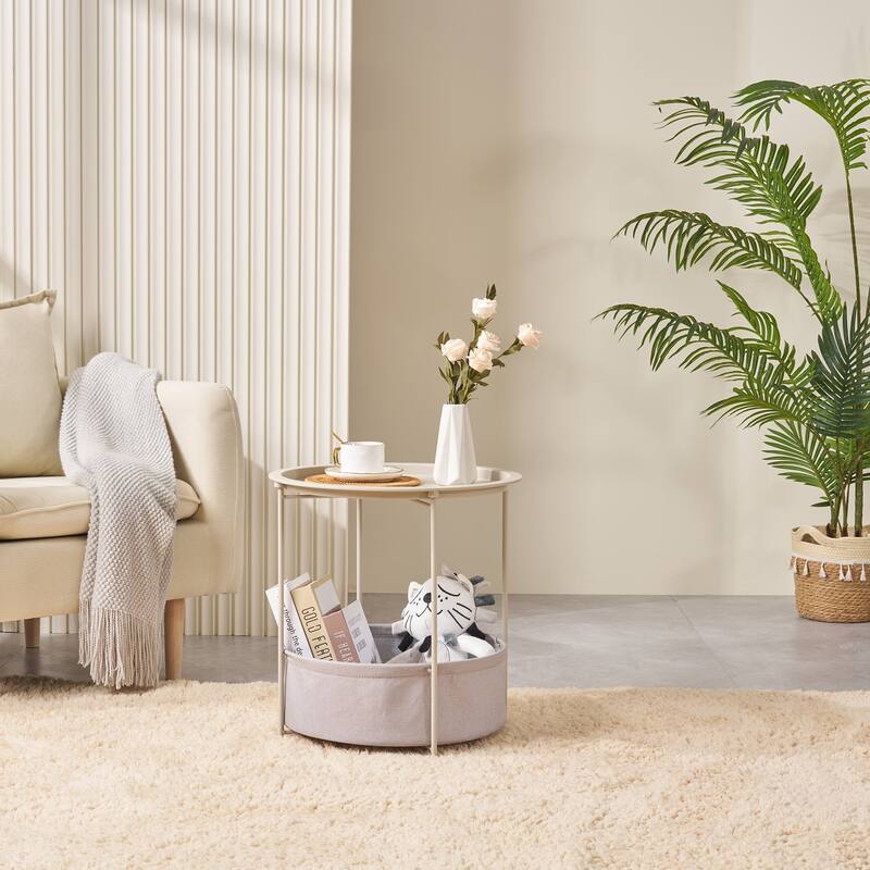 VECELO Small Round Side Table with Removable Tray & Fabric Storage Bin Easy 5-Min Assembly for Living Room Bedroom