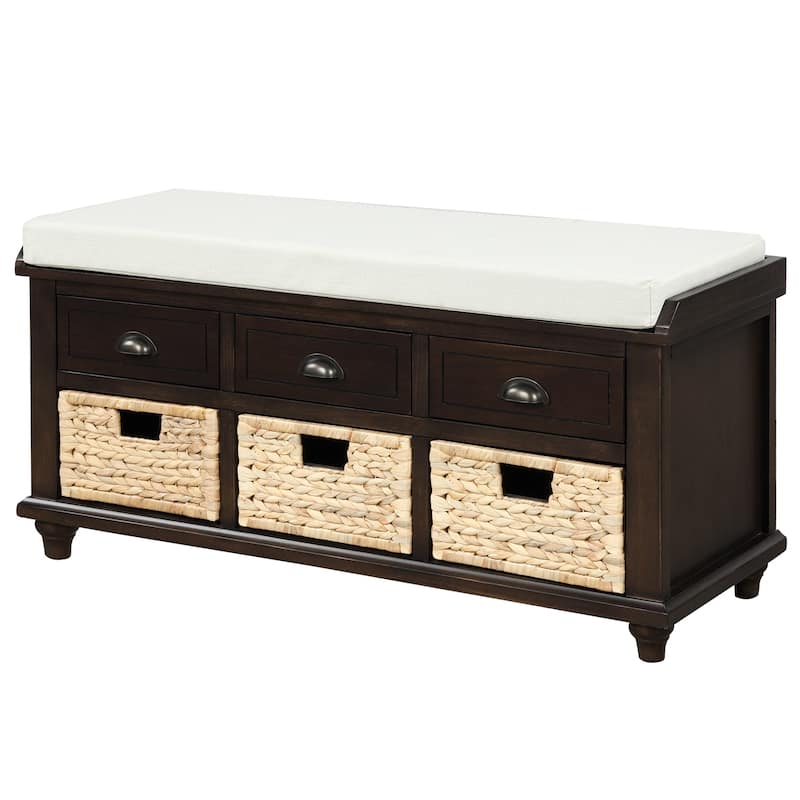 Rustic Linen Upholstered Storage Bench with 3 Drawers & Rattan Baskets - Ideal for Cozy Spaces