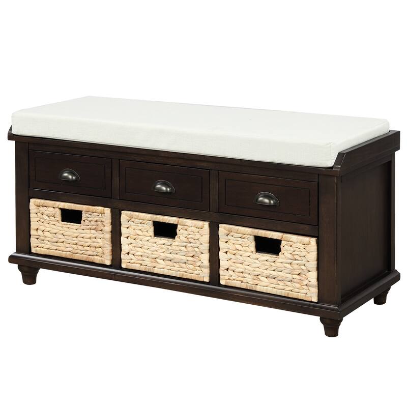 Storage Bench with Drawers and Rattan Baskets Entryway Shoe Bench