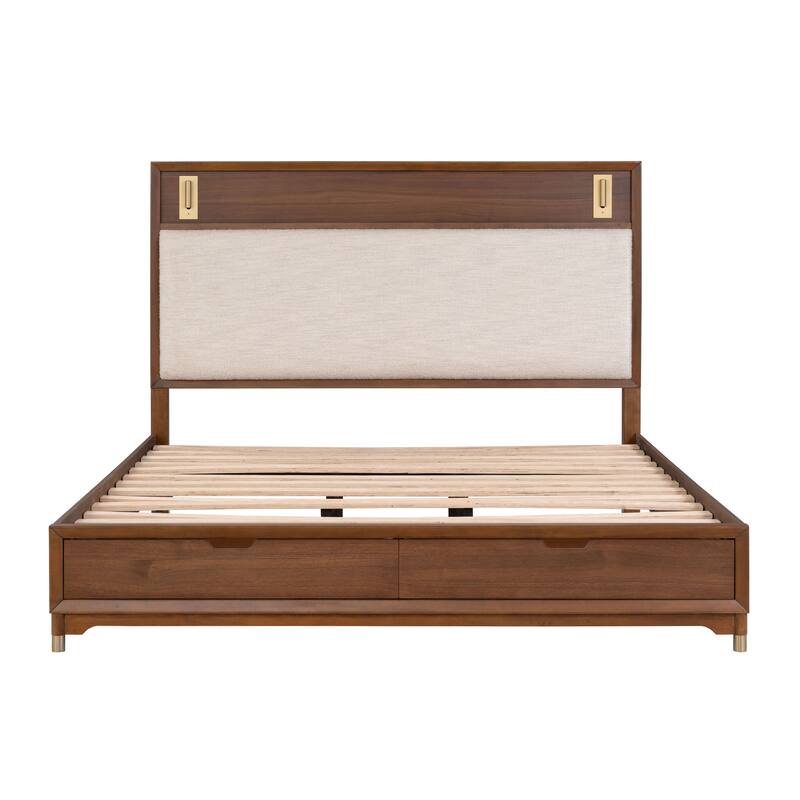 Furniture of America Forma Mid-Century Modern Walnut Boucle Storage Platform Bed with LED Reading Light