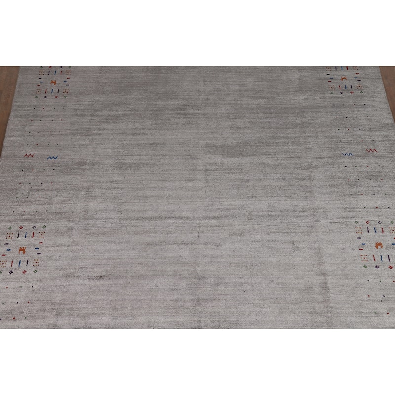 Hand Knotted Oriental Viscose Silk Carpet Tribal Animal Pictorial Greys & Charcoal Gabbeh Area Rug - 11' 6'' X 7' 11''