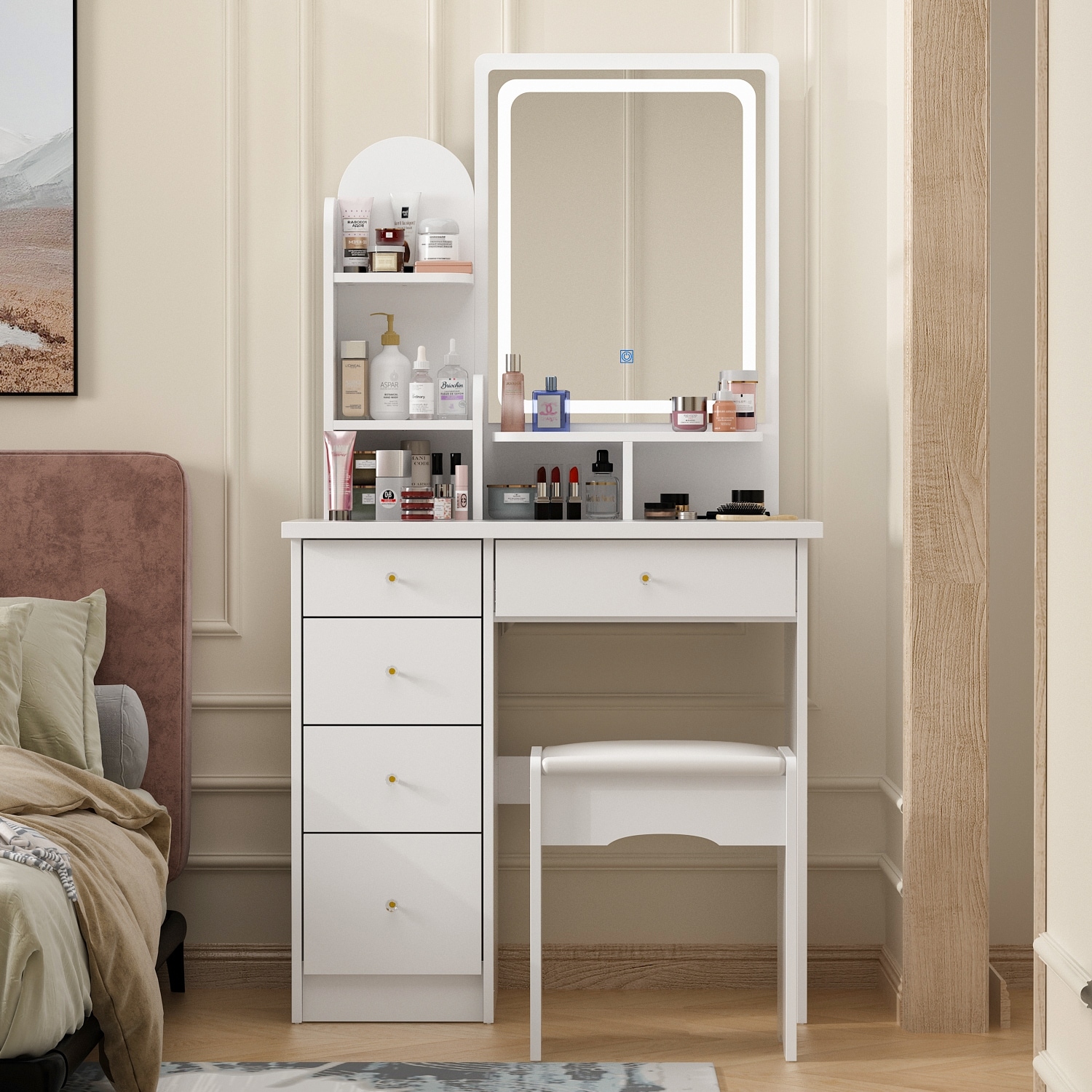 Makeup Vanity Set Table With LED Light Mirror Stool On Sale
