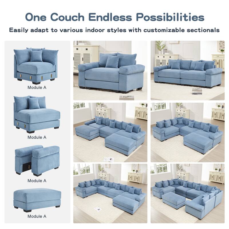 GDFStudio - Corduroy 2-Seater 92" Cloud Modular Sectional Couch with Ottoman
