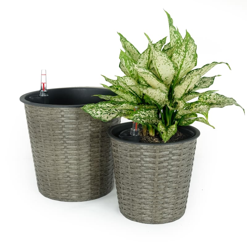 DTY Signature 2-Pack Self-watering Wicker Decor Planter for Indoor and Outdoor - Round - Grey