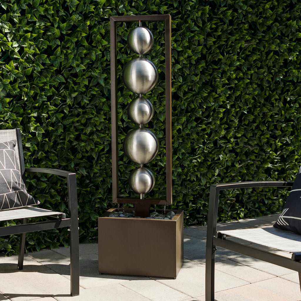 Alpine Corporation 55" Tall Outdoor Modern Column Fountain with Stainless Steel Orbs, Silver