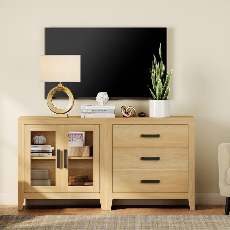 WAMPAT Farmhouse Buffet Cabinet, 2-Piece Sideboard with Glass Door & Storage Drawers for Kitchen