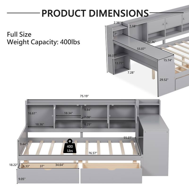 Multi-functional Daybed with Storage Cabinets and Storage Drawers,Study Desk and Built-in Bookshelf