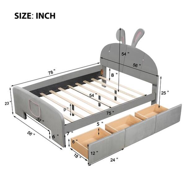 dimension image slide 1 of 4, Roomfitters Twin/Full Size Velvet Platform Bed with Rabbit-Shaped Headboard, Drawers, Bed-End Storage Pocket