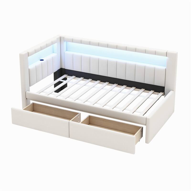 Platform Bed Linen Upholstered Daybed with L-shaped Headboard USB Ports and Light for Night's Sleep, Choose 2 Drawer or Trundle