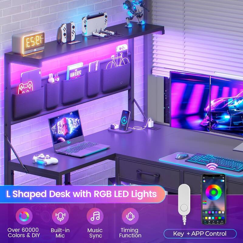 L Shaped Computer Desk 5 fabric Drawers Gaming Desk Storage Shelf