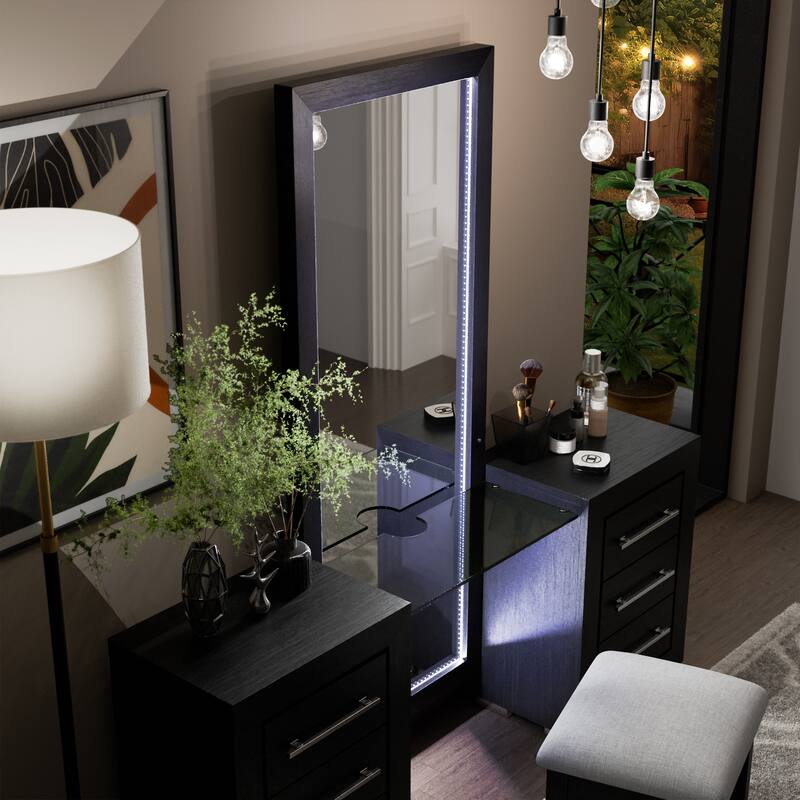 Furniture of America Alaric Modern Black Solid Wood 2-Piece Bedroom Set with 69-inch Makeup Vanity and Nightstand