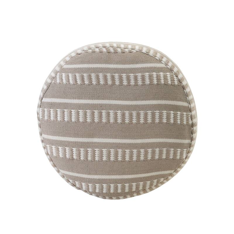 20" Taupe and White Striped Round Outdoor Patio Pouf Ottoman