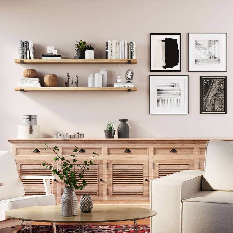 Wallniture Forte Wood Board 60" Long, 9.25'' Deep, 1.5" Thick, Floating Bookshelf for Wall with Heavy Duty Metal Brackets, 1pc