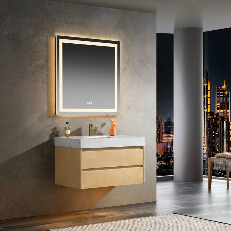 Modland 36" Wall-Mount Bathroom Vanity with LED Base Light & Engineered Stone Top - Soft-Close Drawers, Maple Yellow - 36 inch - 36 inch