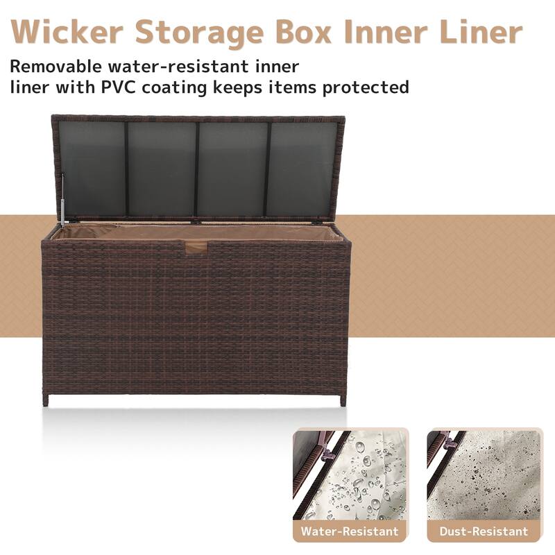 120 Gallon Outdoor Wicker Cushion Storage Storage Box, Garden Deck Bin with Aluminum Frame - 51.2” (L) x 20.5” (W) x 29” (H)