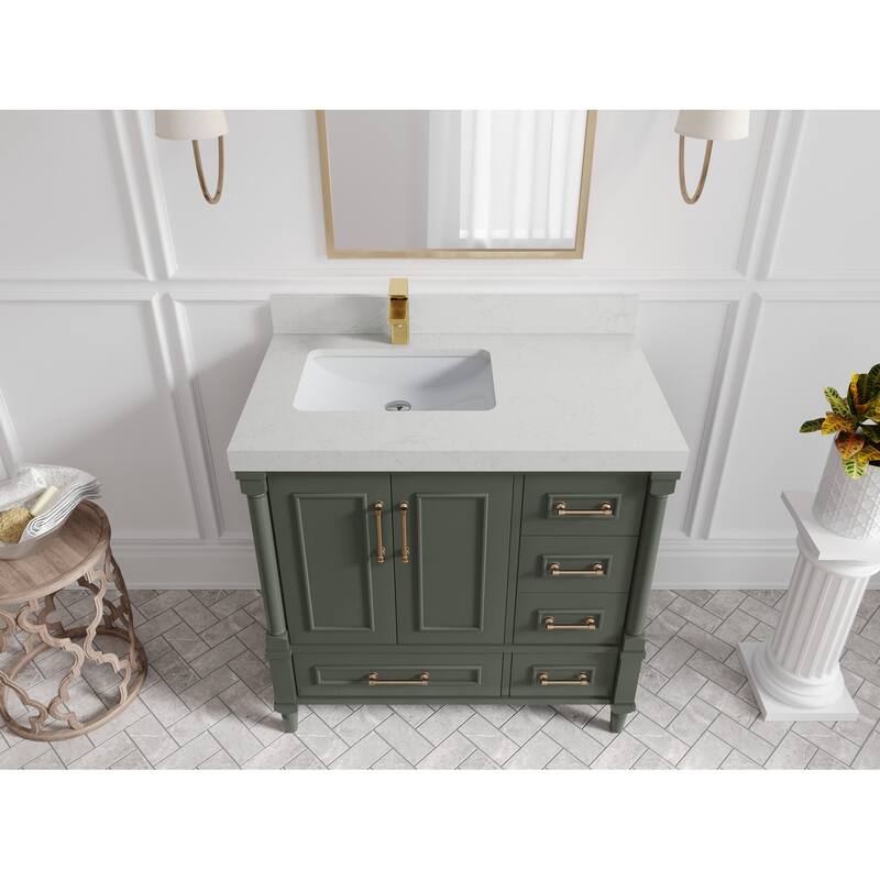 Willow Collections 36 in. W x 22 in. D Aberdeen Left Offset Sink Bathroom Vanity in Pewter Green with Countertop - 2" Carrara Quartz - Pewter Green