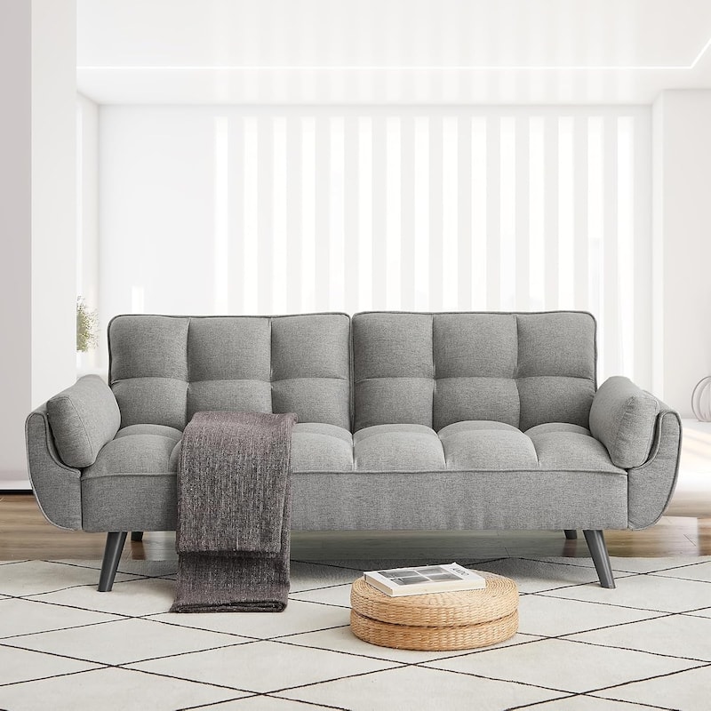 75.39 IN. Futon Sofa Bed, Convertible Upholstered Couch Sleeper with Reclining Sleeper Split Tufted Back - New Gray