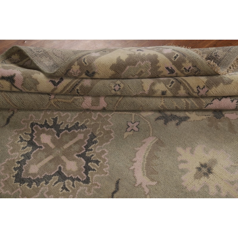 Transitional Oushak Indian Area Rug Handmade Green Wool Carpet - 9'0" x 12'0"