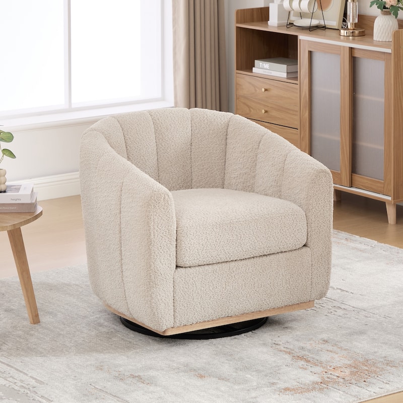 31.89" W Pumpkin-Shape Barrel Swivel Chair Modern Chenille Swivel Accent Chair with Metal Base, Upholstered Tufted Armchair - Wheat