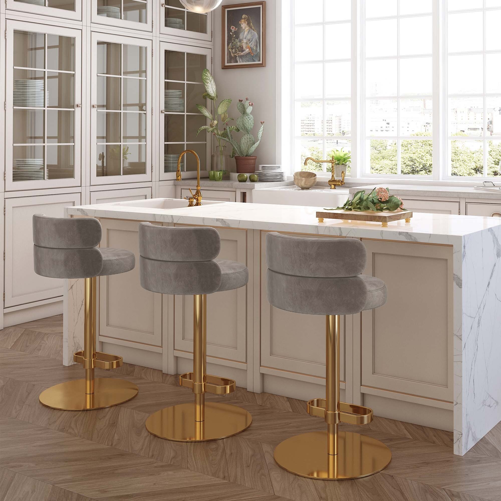 Modern Velvet Bar stool with Height Adjustable and Swivel