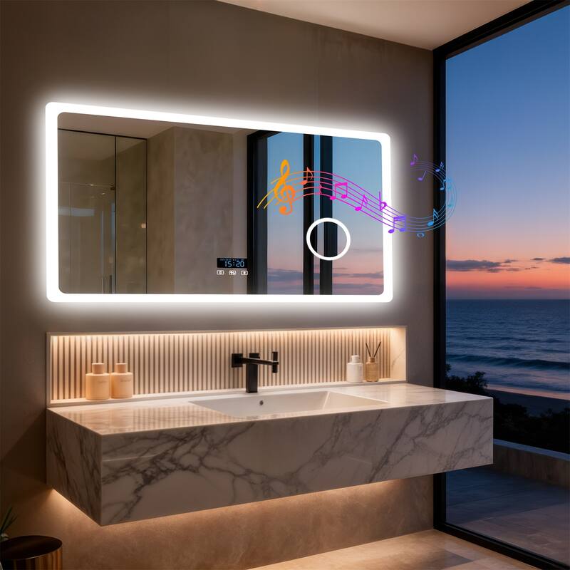 Bluetooth LED Bathroom Vanity Wall Mounted Mirror Double Speakers, 3X Magnifier, Backlit Mirror - 47.24" x 27.56"
