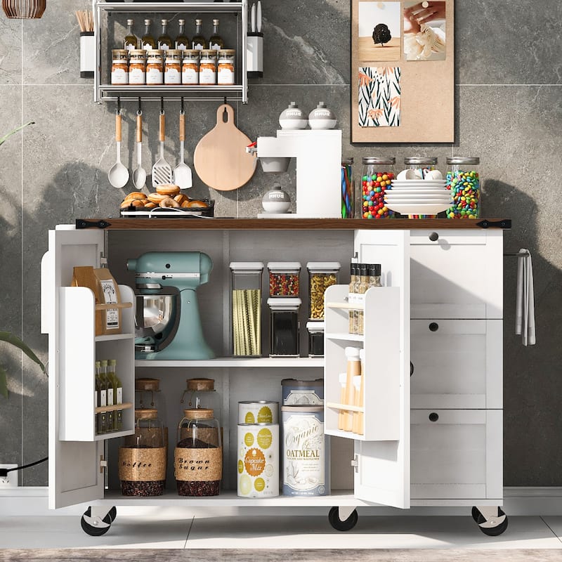 Farmhouse Kitchen Island with 3 Drawers, Electrical Outlet, Internal Storage Rack, Towel Rack and Spice Rack, for Kitchen