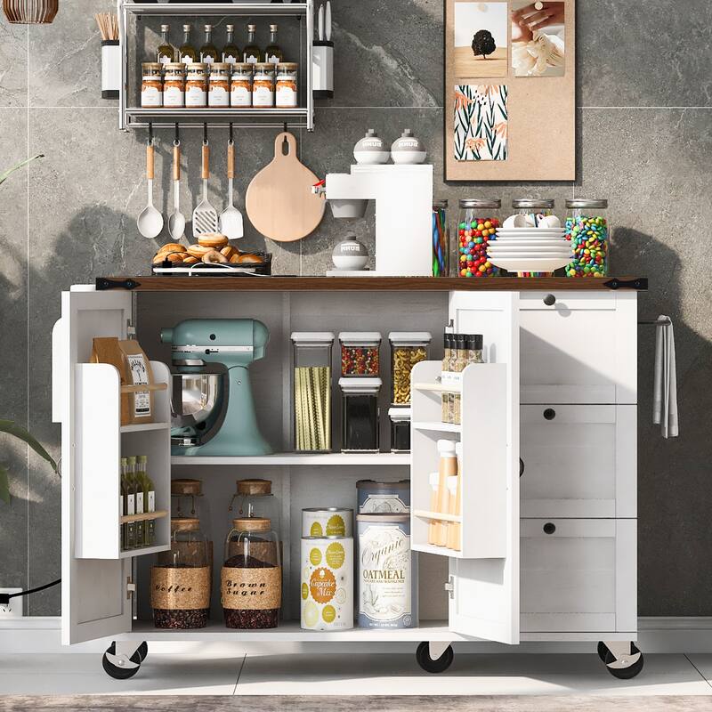 Rolling Kitchen Island with Folding Drop Leaf, Wooden Storage Cabinet with Power Outlet, Internal Storage Rack and Spice Rack