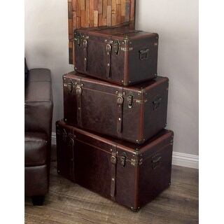Brown Faux Leather Nesting Upholstered Decorative Trunk with Vintage ...