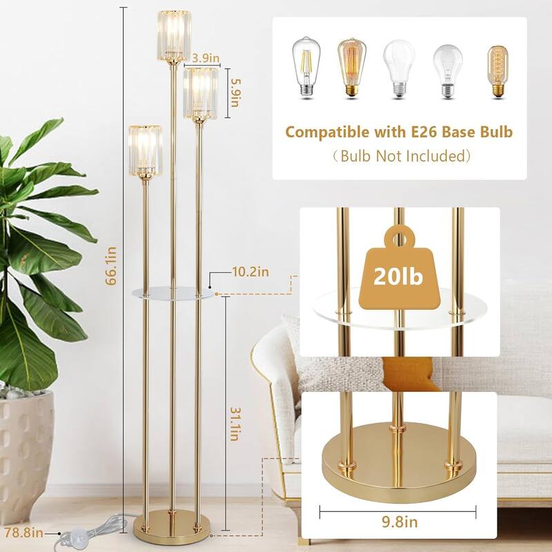 Gold Floor Lamps for Living Room, Modern Floor Lamp with Shelves, Crystal Standing Lamps with Table, Brass Tall Lamp