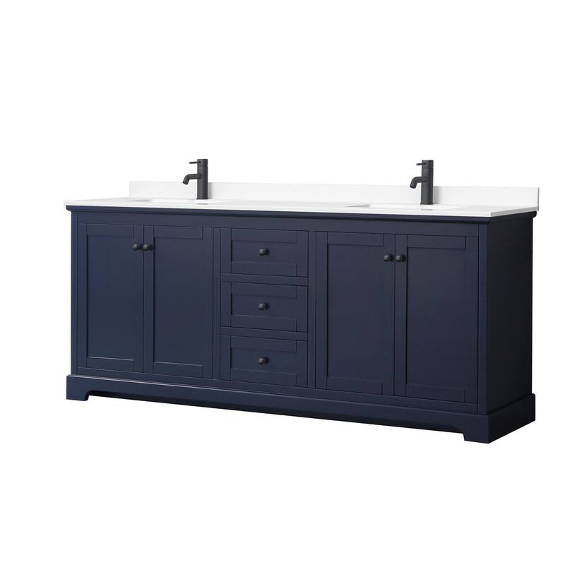 Wyndham Collection Avery 80" Free Standing Double Basin Vanity Set - Dark Blue / White Cultured Marble Top / Matte