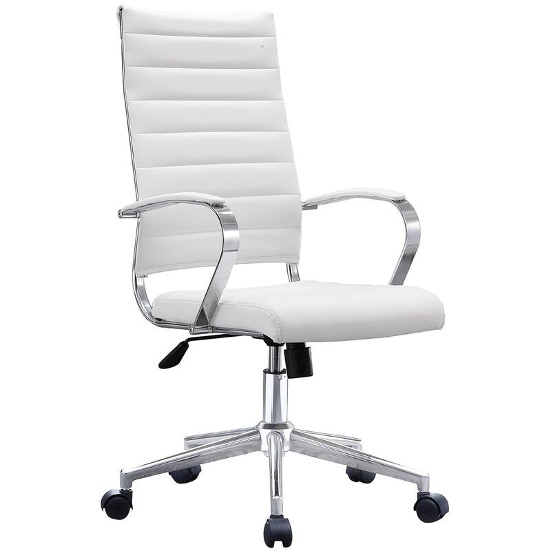 Set of Two (2) Modern White High Back Office Chair Ribbed PU Leather Swivel Tilt Computer Desk Cushion Seat Boss