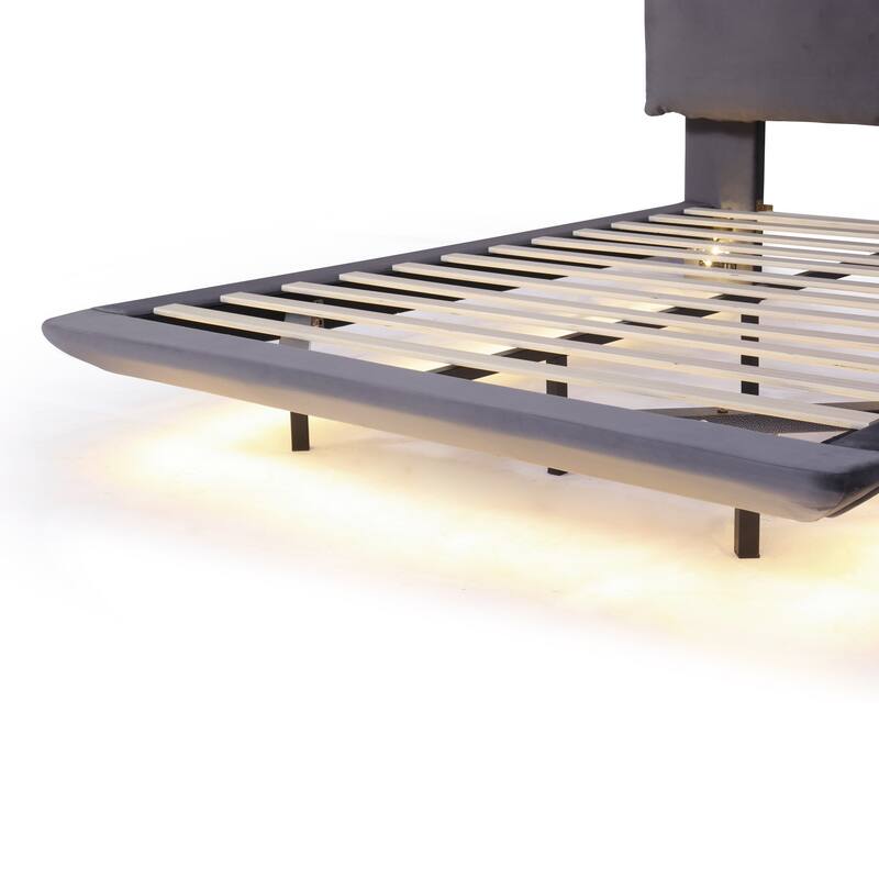 HomeRoots Gray Tufted Upholstered Queen Bed Frame With LED Lighting And USB