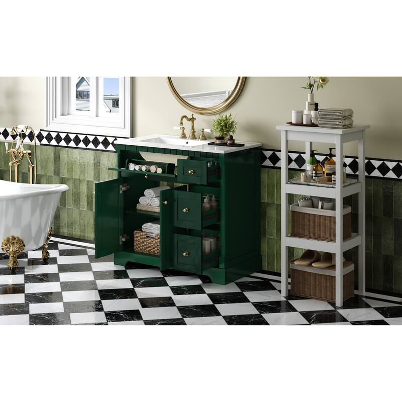 Roomfitters 36 Inch Bathroom Vanity with Sink, Modern Storage Cabinet with Adjustable Shelf and Drawers, Green
