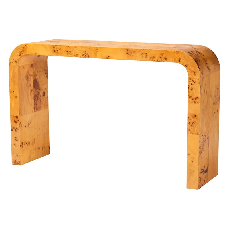 Revelle Real Burl Wood Console Table - Modern Entryway or Sofa Table with Waterfall Design and Minimalist Silhouette - Natural