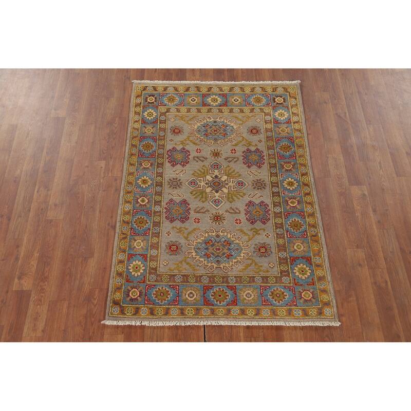 Geometric Red Kazak Accent Rug Hand-Knotted Wool Carpet - 3'2" x 4'8"