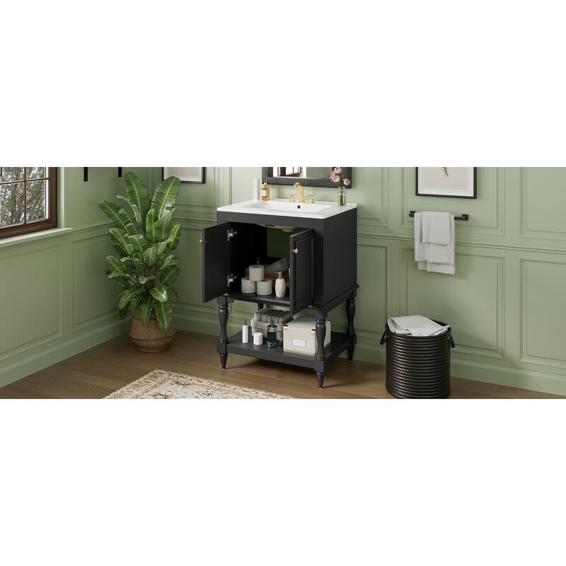 24 inch Modern Luxury Bathroom Vanity with Ceramic Sink, Bathroom Cabinet with Open Shelf and Closed Storage