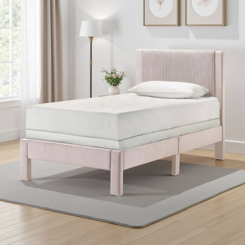 Cery Twin Size Platform Bed, Pink Upholstery, Textured Headboard