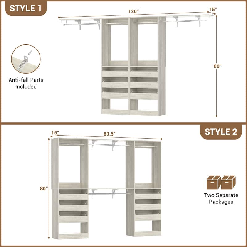 Rackcog 80"-120" W Closet System With 6 Wooden Drawers and 4 Hanging Rods,Sturdy Walk-in Closet Organizer with Storage Shelves