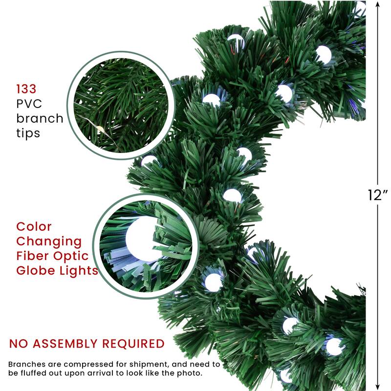 Color Changing Fiber Optic Artificial Christmas Wreath with Balls, 12"