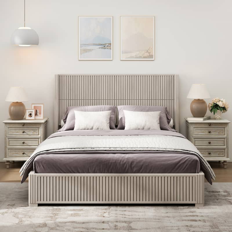 GDFStudio - Modern Solid Wood Low-Profile Platform Bed Frame with Fluted Headboard, Heavy-Duty Support & No Box Spring Needed - Beige - Queen