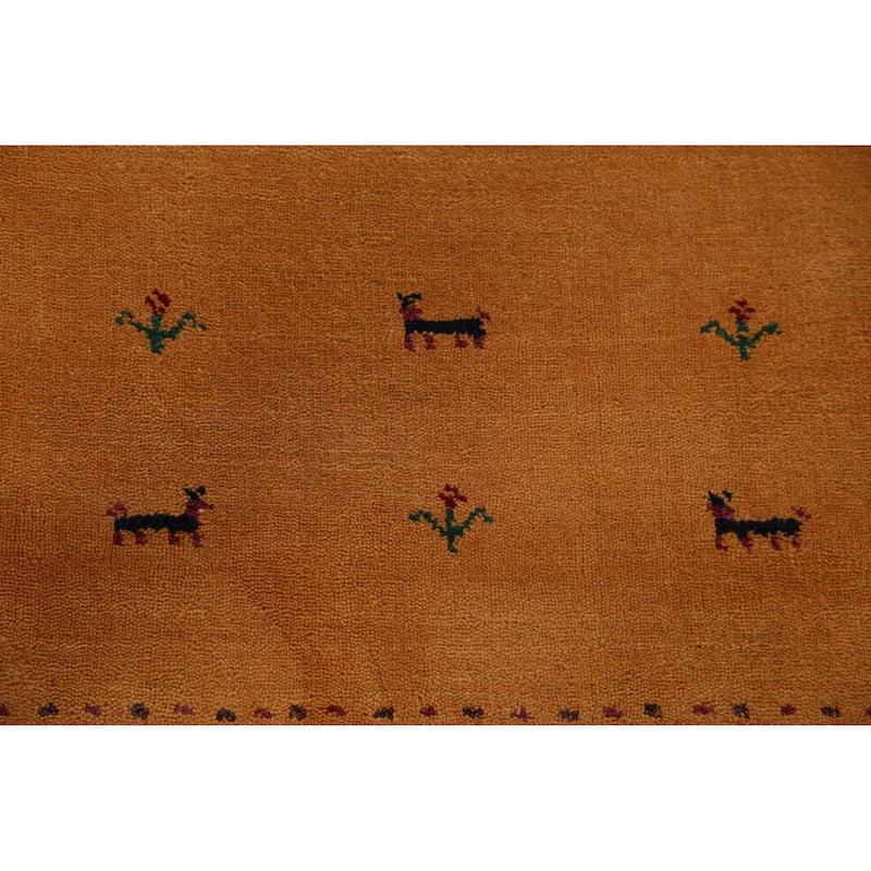 Hand Knotted Oriental 100% Wool Carpet Tribal Animal Pictorial Yellow & Gold Gabbeh Runner Rug - 9' 10'' X 2' 6''