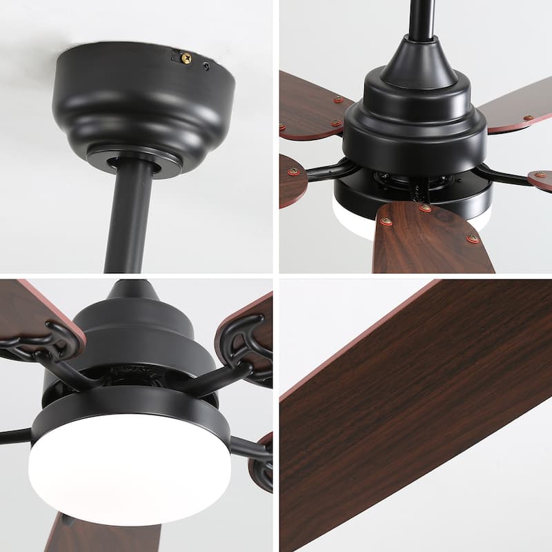 52" Ceiling Fan With Led Light, 6 Speed Wind 5 Blades Remote Control - Black