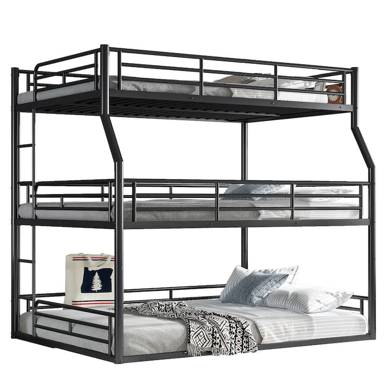 Full XL over Queen over Queen Bunk Bed, Metal Triple Bunk Bed with Safety Guardrails, Bunk Bed with Noise-reduced Design