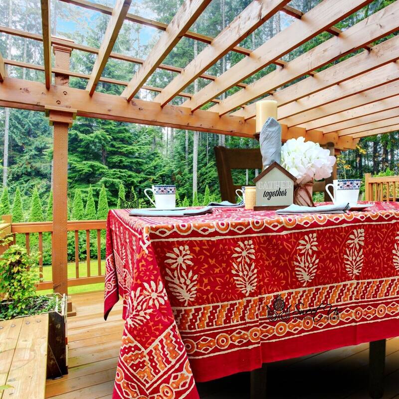 Dabu Floral Hand Block Print Cotton Tablecloth Rectangle Collection