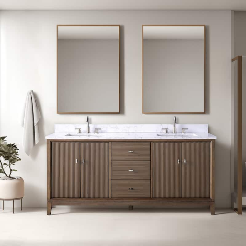 Vanity Art 72" Freestanding Bathroom Vanity with Engineered Marble Top and Sinks - 72"/Brushed Nickel - Walnut