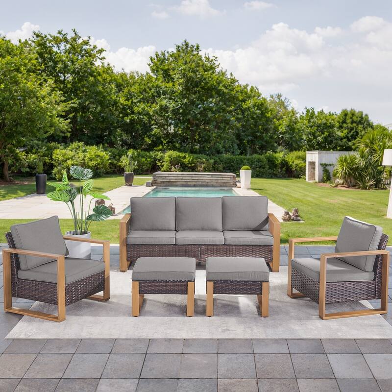 Gymojoy Outdoor Wicker Patio Furniture Sofa Set - 5-Piece Sofa Set - Club Chairs & Ottomans - Brown Wicker / Grey Cusion