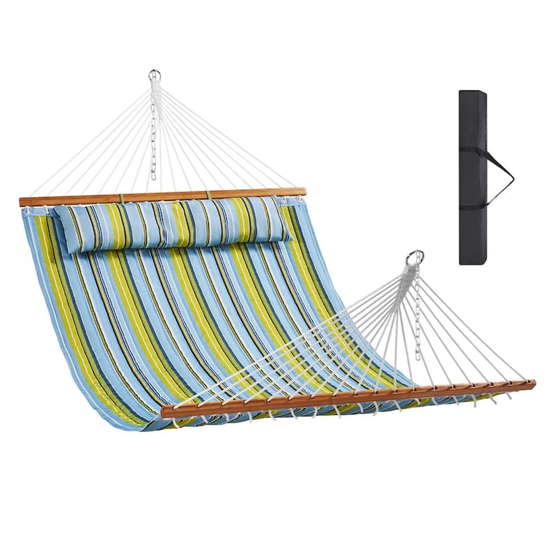 Green Stripe Quilted Cotton Hammock, 2-Person and No Stand - 55.1” L x 74.8” H