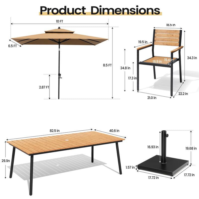11PC Outdoor Patio Dining Set WoodLike Aluminum Umbrella Hole Table with Stackable Armchairs,Double Top Market Umbrella and Base